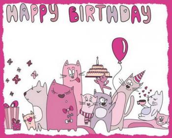 Открытка Happy Birthday мультяшная с котами на день рождения