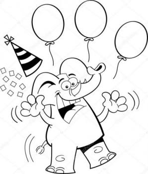 Открытка на день рождения черно-белая со слоником и шариками